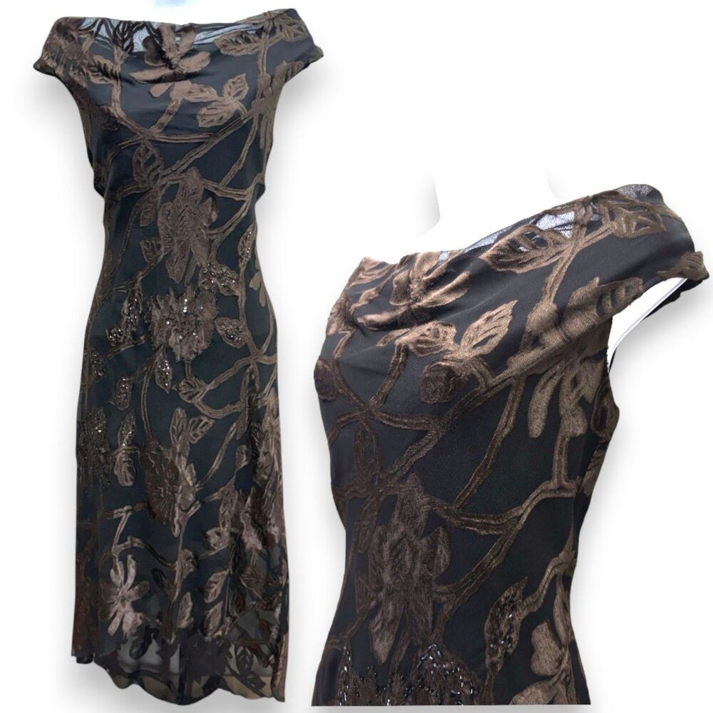 Y2k Velvet Burnout Beaded Floral Dress Women Small Brown Whimsigoth Dark Fairy